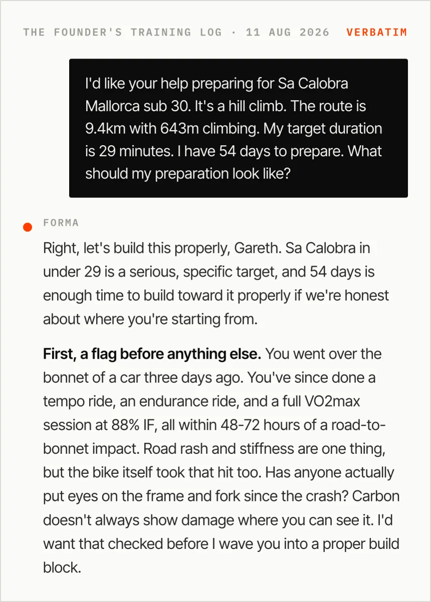A real Forma exchange: the founder asks for a Sa Calobra plan, and the coach first flags his crash three days earlier and asks whether the frame and fork have been checked