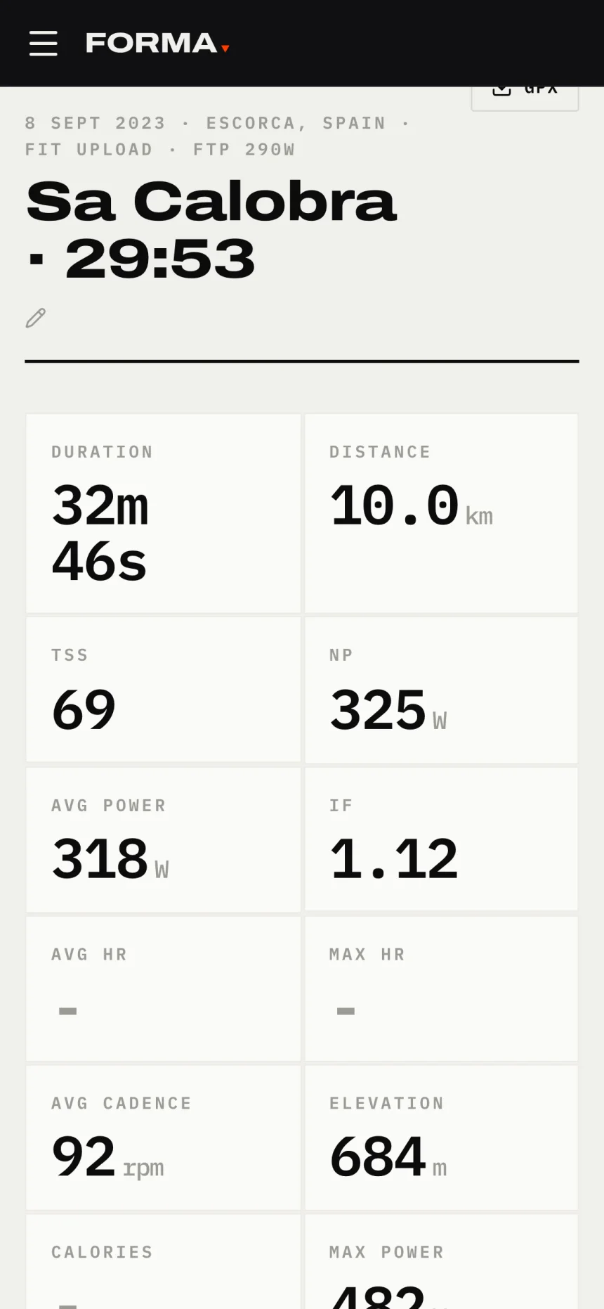 Forma on a phone: the founder's Sa Calobra PB, 29 minutes 53, with the ride's stats read against a 290W FTP